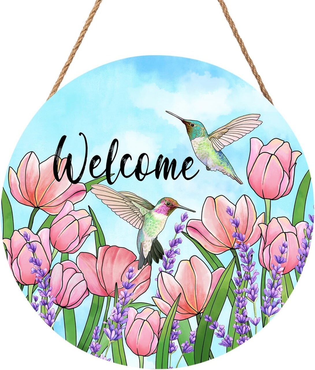 “Welcome Spring” Hummingbirds Wood Sign 12x12” – Front Door & Porch Decor